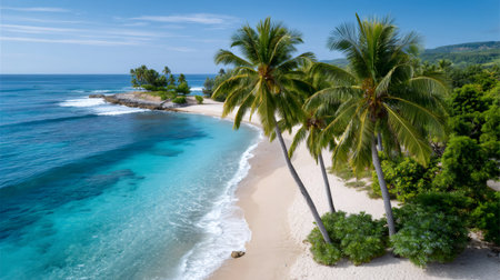 Scenic aerial view of a pristine white sand beach with turquoise water and lush palm treesの素材