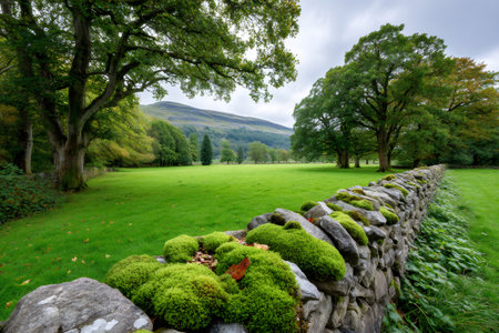 Rustic stone wall covered in bright green moss dividing a lush field with trees and mountainsの素材