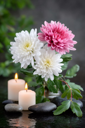 Chrysanthemum flowers, burning candles, and smooth black stones create a tranquil spa atmosphereの素材