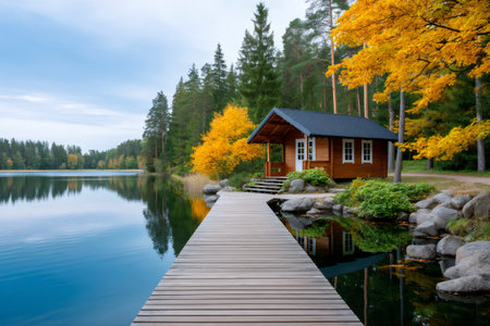 Cozy wooden cabin standing next to a tranquil lake with fall colored trees reflecting in waterの素材
