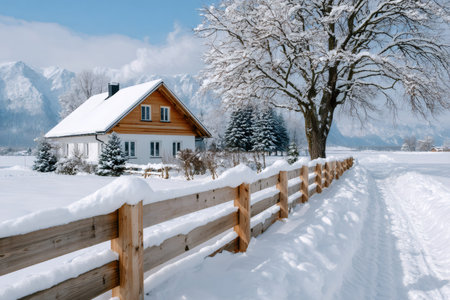 House covered in snow with a fence, tree, and majestic mountains under a clear skyの素材