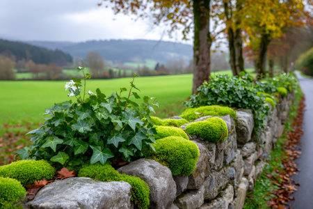 Rural stone wall covered with vibrant green moss and ivy alongside a roadの素材