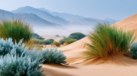 Desert plants growing on sand dunes with mountains in the background under a clear skyの素材