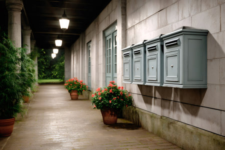 Row of mailboxes on a stone building wall at night, illuminated by outside lightsの素材