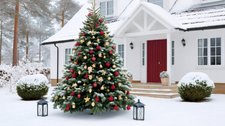 Christmas tree stands outside a white house with a red door during winterの素材