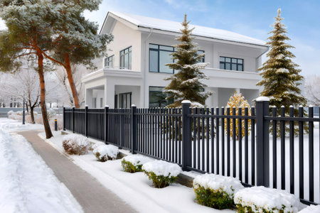Contemporary residential building with fence and evergreen trees covered in fresh snowの素材