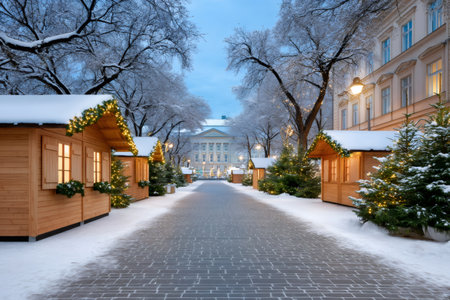 Wooden market stalls and snow-covered trees creating a festive winter scene on a city streetの素材