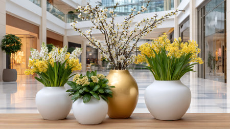 Assorted flowers in white and golden vases creating a fresh spring display inside a bright retail spaceの素材