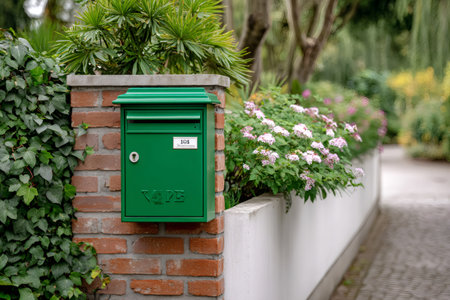 Green metal letterbox attached to a brick pillar surrounded by green foliage and pink flowersの素材