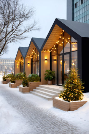 Modern architecture building row featuring cafes decorated with Christmas trees and lights in winter snowの素材