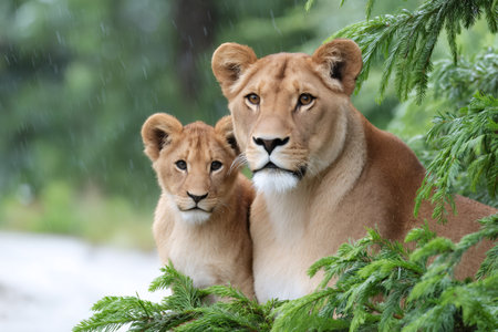 Lioness and cub standing together, taking shelter from the rain under green pine branchesの素材