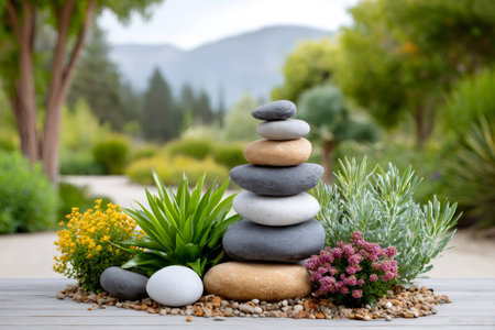 Cairn of balanced stones surrounded by green plants demonstrating tranquility and meditationの素材
