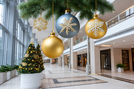 Festive holiday decorations, including Christmas trees and baubles, decorating a modern shopping mall atriumの素材