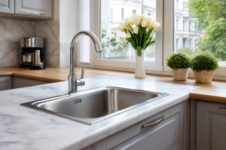 Contemporary kitchen featuring a stainless steel sink, chrome faucet, marble countertop, and white tulipsの素材