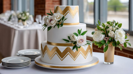 Three-tiered wedding cake with white fondant, gold accents, and floral decor for a receptionの素材