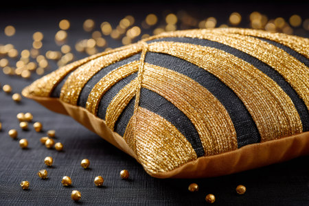 Decorative cushion showing gold glitter and black bead embellished stripes on textileの素材