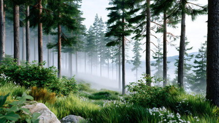 Tall pine trees standing in deep fog with lush green foliage and small white flowersの素材