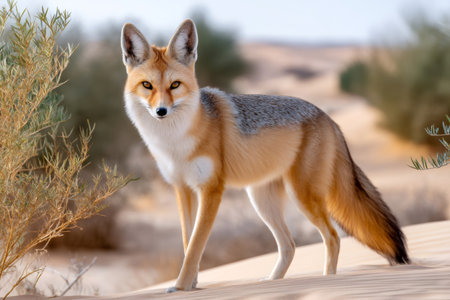 Arabian red fox standing on sand dunes in its natural desert habitatの素材
