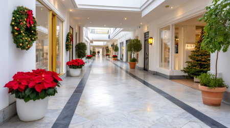 Shopping mall interior featuring poinsettias and festive Christmas decorationsの素材