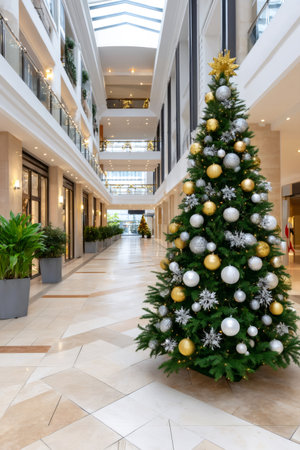 Christmas tree standing in a multistory shopping mall, celebrating the holiday seasonの素材