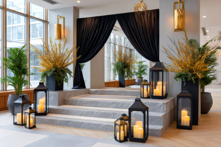 Grand event entrance decorated with black drapes, yellow floral arrangements, and illuminated lanternsの素材