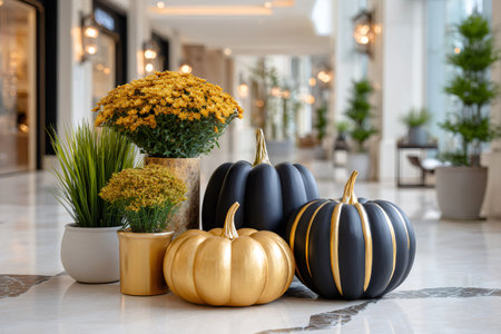 Elegant autumn decoration featuring black and gold pumpkins with mums and plants in a modern interiorの素材