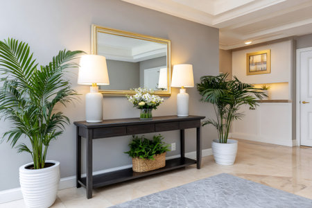 Elegant foyer with decorative lamps and fresh flowers on a dark wood console tableの素材