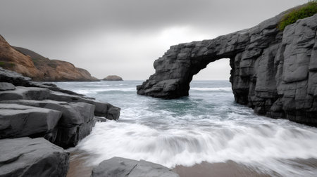 Ocean waves moving around a natural rock arch on an overcast dayの素材