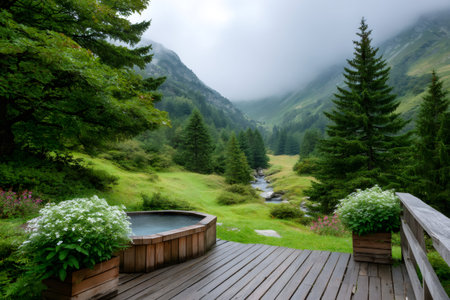 Wooden hot tub on a deck with planters, surrounded by a lush green mountain valley and streamの素材