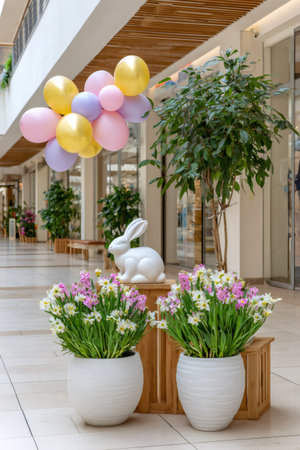 Mall aisle decorated for Easter holiday with rabbit, daffodils, hyacinths, and pastel balloonsの素材