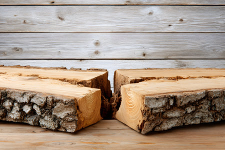 Wood log pieces splitting apart on a wooden surface, showing natural texture and tree ringsの素材