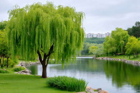 Weeping willow tree standing by a calm lake in a green park with urban buildings in the backgroundの素材