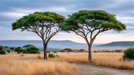 Two acacia trees creating a natural frame standing in the dry grass of the African savannaの素材