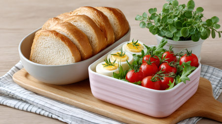 Healthy breakfast meal with sliced bread, boiled eggs, cherry tomatoes, and fresh herbs on a wooden boardの素材