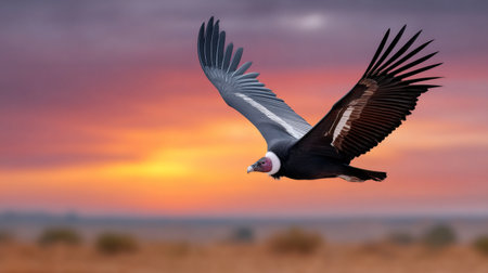 Andean condor soaring with wings spread against a colorful sunset skyの素材