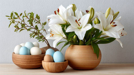 Easter eggs placed in wooden bowls with white lilies and green branchesの素材