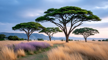African savanna landscape featuring iconic acacia trees, golden grass, and blooming purple flowers under a subtle skyの素材