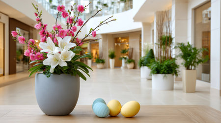 Decorative Easter eggs and fresh flowers providing a seasonal ambiance in a modern shopping mallの素材