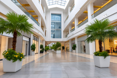 Large empty shopping mall interior with retail stores, high ceilings, and lush indoor plantsの素材