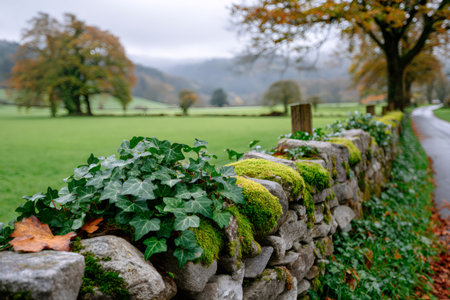 Rural stone wall covered with vibrant ivy and moss beside a road with autumn foliageの素材