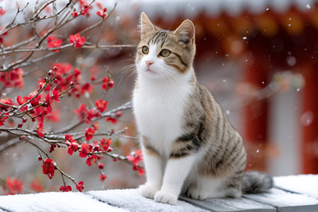 Cat sitting on a snow-covered surface with red plum tree branches and falling snowflakesの素材