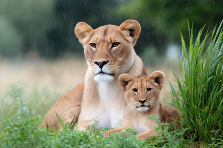 Lioness mother and cub lying in green grass while rainwater fallsの素材