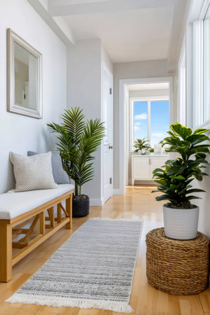 Hallway featuring a wooden bench, potted plants, and natural light illuminating modern decorの素材
