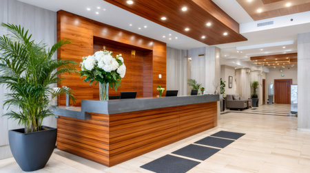 Modern hotel lobby featuring a wooden reception desk with fresh hydrangeas and green plantsの素材