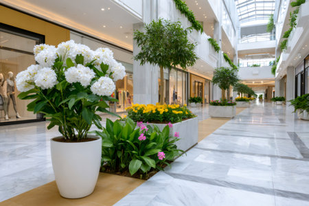 Bright, clean shopping mall interior with natural light, retail stores, and decorative plantsの素材
