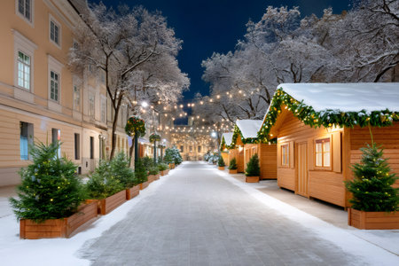 Festive Christmas market booths and decorated trees along a snow-covered street illuminated at nightの素材
