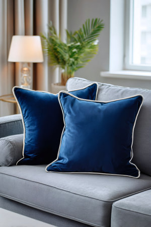 Blue velvet throw pillows decorating a modern gray sofa in a living room interiorの素材