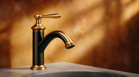 Elegant brass faucet in a luxury bathroom interior with golden detailsの素材