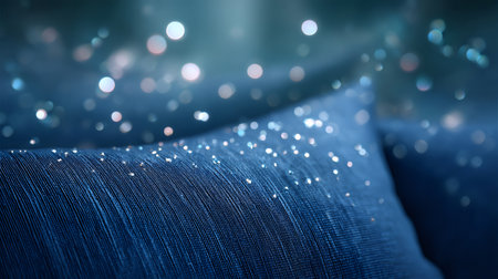 Blue pillow fabric generating a serene, magical atmosphere with floating glitter and soft bokehの素材