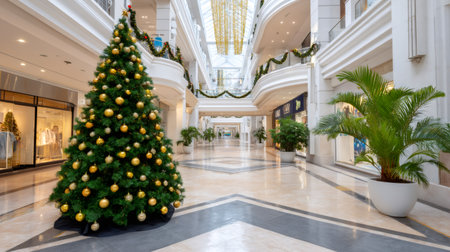 Christmas tree standing in an empty shopping mall walkway decorated for the holiday seasonの素材
